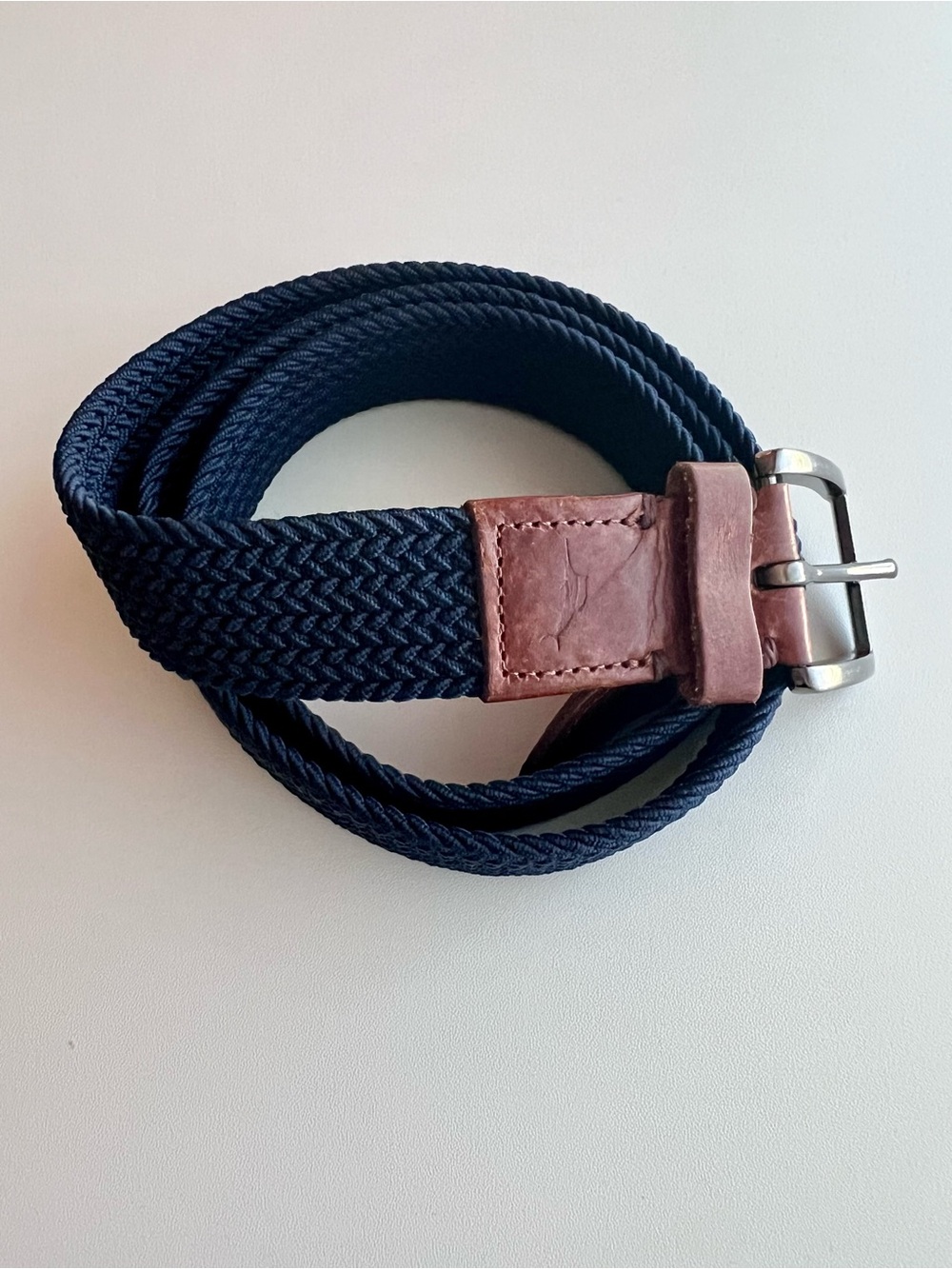 Tommy Bahama Men's Navy Woven Braided Fabric Belt with Brown Leather Trim L/XL